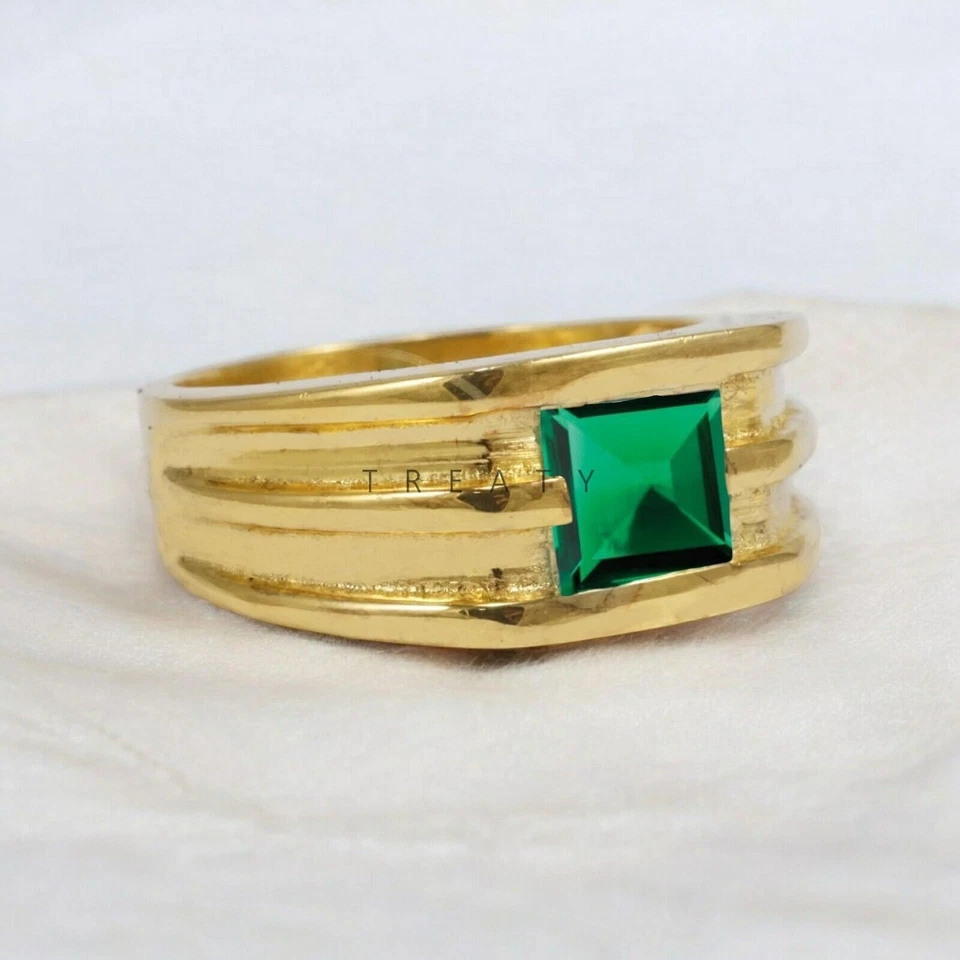 Anillo enchapado en oro de plata de ley 925 de corte cuadrado esmeralda para hombre #949 Foto 3 de 4
