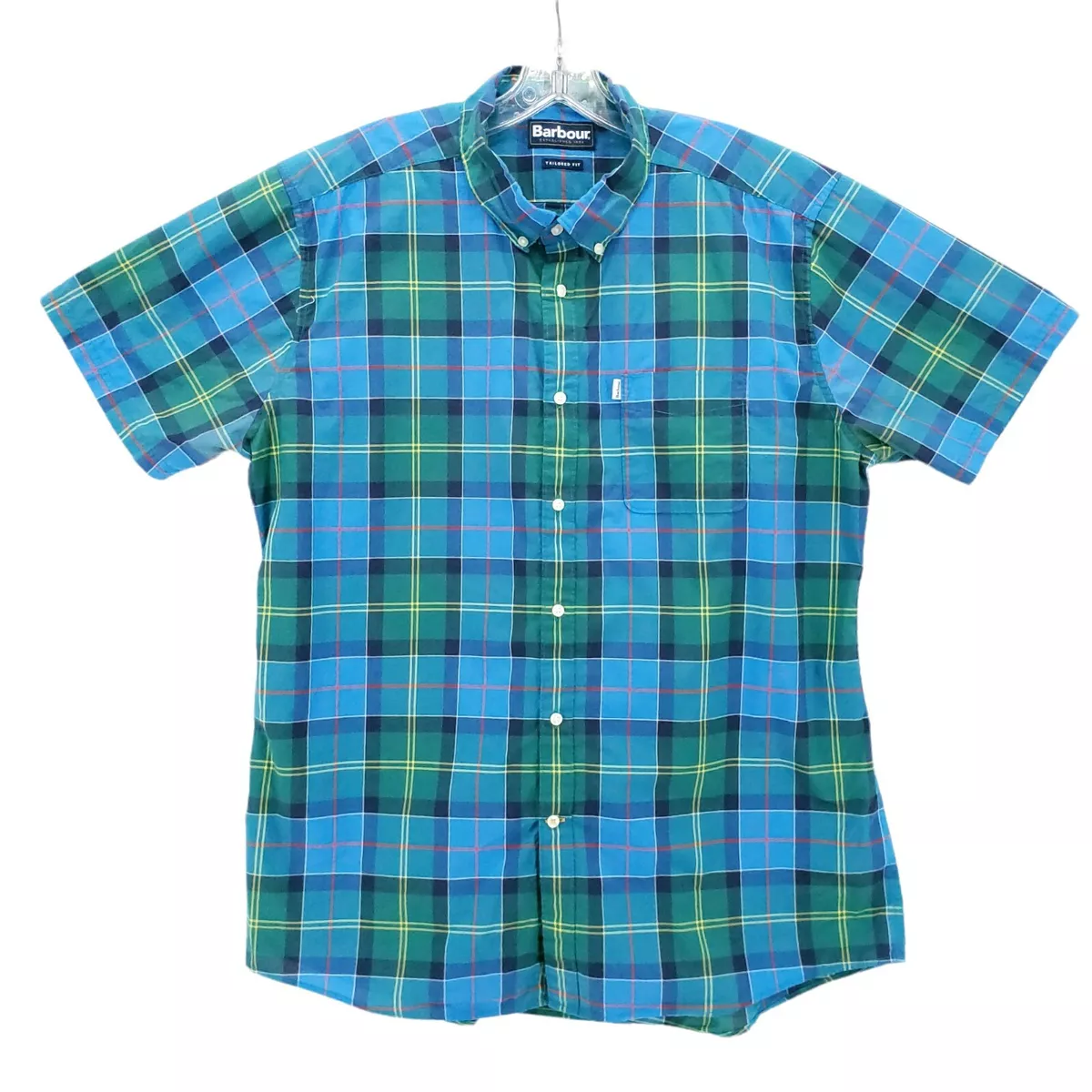 Barbour Toward Shirt Plaid Green Blue Short Sleeve Tailored Fit