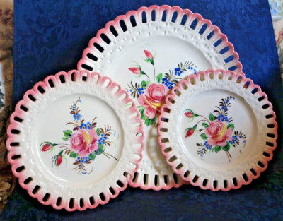 Plates Italy Pottery Reticulated Three White Pink Flower Handpainted Vintage