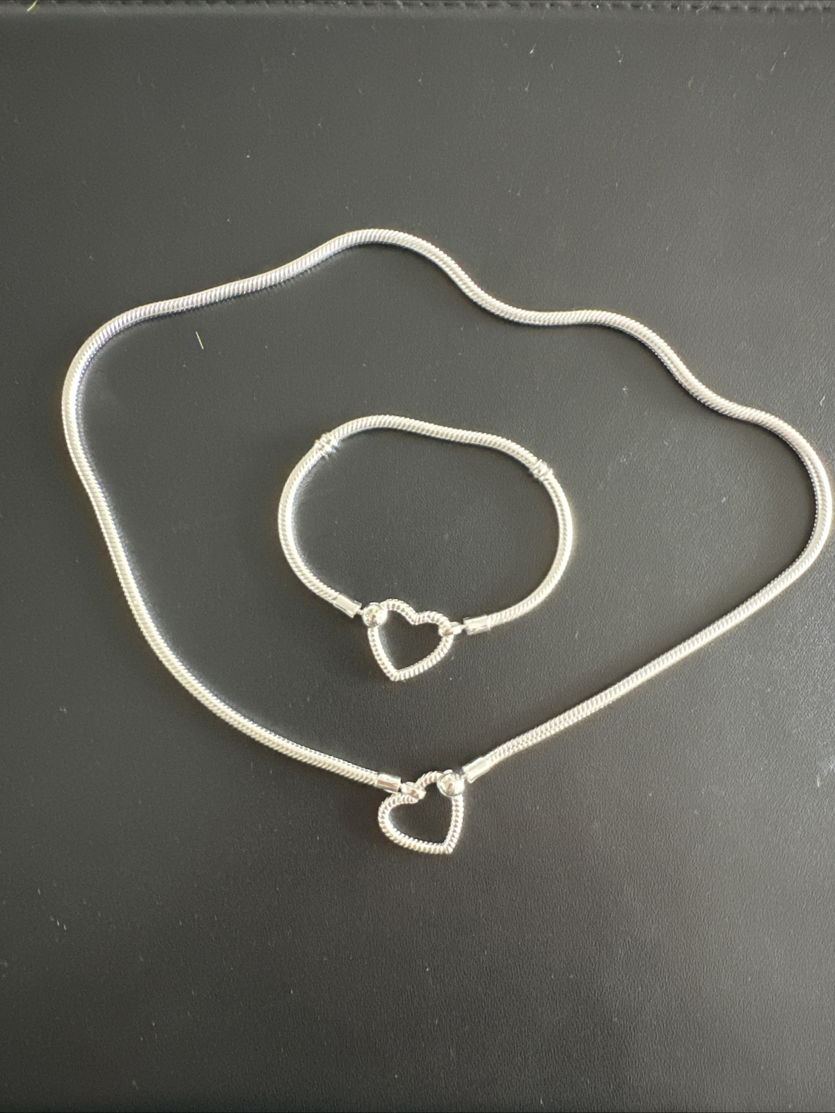 Pandora Heart Closure Snake Chain Necklace and Bracelet Set