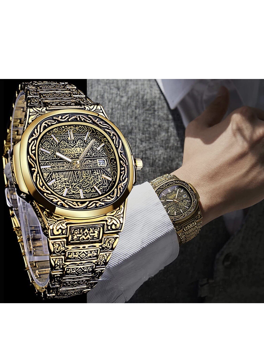 Compass Watch Arab Arab Islamic Quran carved watch waterproof band wristwatch men Ramadan ...