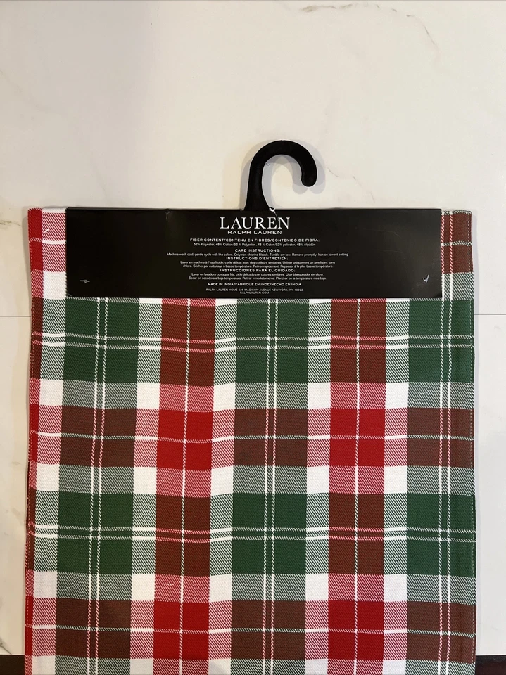 NUEVO CON ETIQUETAS Ralph Lauren Rojo Verde Blanco Cuadros Navidad Corredor de Mesa 15x72 pulgadas Foto 2 de 3