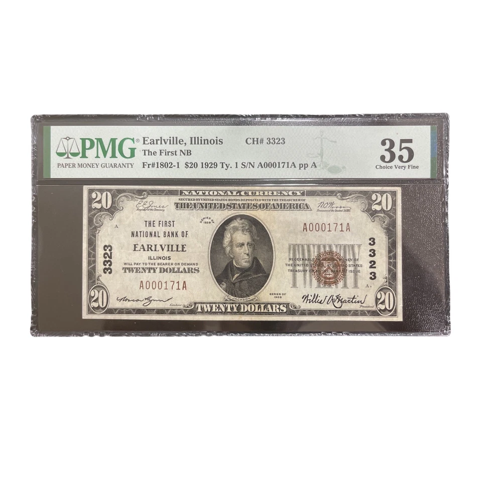 $20 1929 TYPE 1 EARLVILLE ILLINOIS NATIONAL 3323 NOTE PMG VF 35 1802-1 RARE - Image 2 of 3