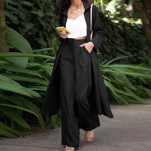 2PCS Women Long Blazer Suit Set Jacket Trench Coat Trousers Ladies Offic - Picture 3 of 13