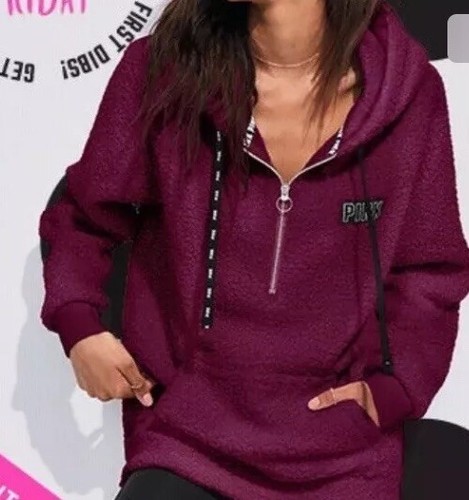Victoria’s Secret Pink Sherpa Hoodie Quarter Zip Pull Over, Size S-NWT - Picture 2 of 2