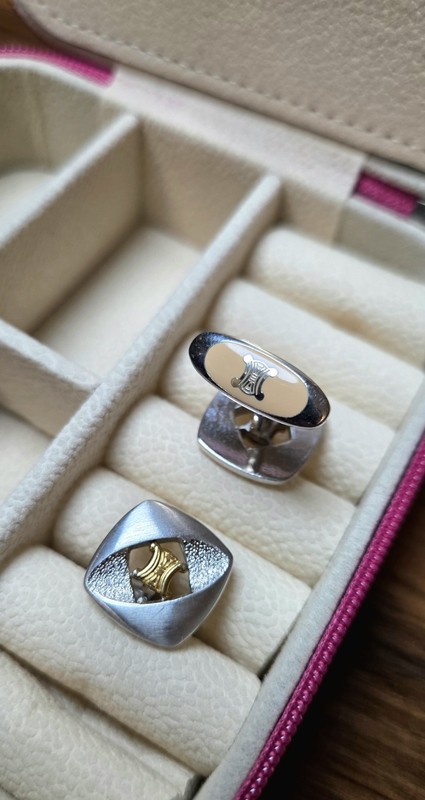 AUT/VIN CELINE Macadam Silver Gold Cufflinks+deluxe Travel Box $59!! GIFTABLE!!~