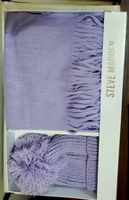 Steve Madden Purple Knit 2-Piece Beanie Scarf Set Pom-Pom Fringe One Size