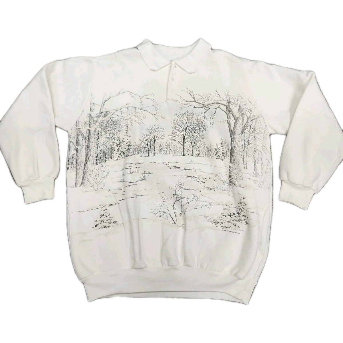 Vtg 92 Art Unlimited White Winter Forest AOP Sweatshirt  Sz L Great Condition
