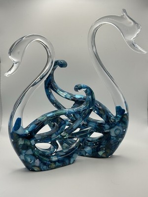 Blue Clear Art Resin Swan Figurine Pair Decorative Glossy Finish