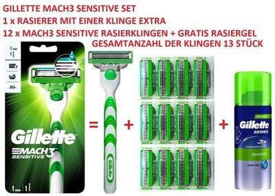 12 Gillette Mach3 Sensitive Rasierklingen 8 + 4, Rasierer m. Klinge + Gratis Gel