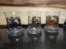 3 Vtg Bohemian Bubble Glass Tumbler Deer Hunting Scene Alfred Taube Style