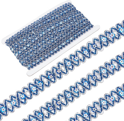 GORGECRAFT 14.2Yds 3/4'' Blue Sparkle Trim Sequin Ribbon Waved Paillette Lace Tri