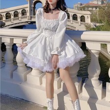 Sweet Women Lolita Preppy Style Bandage Dress Bubble Sleeve Square Collar Party