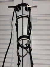 Cob Equibette Black & White English Bridle W/ D Bit & Leather Reins