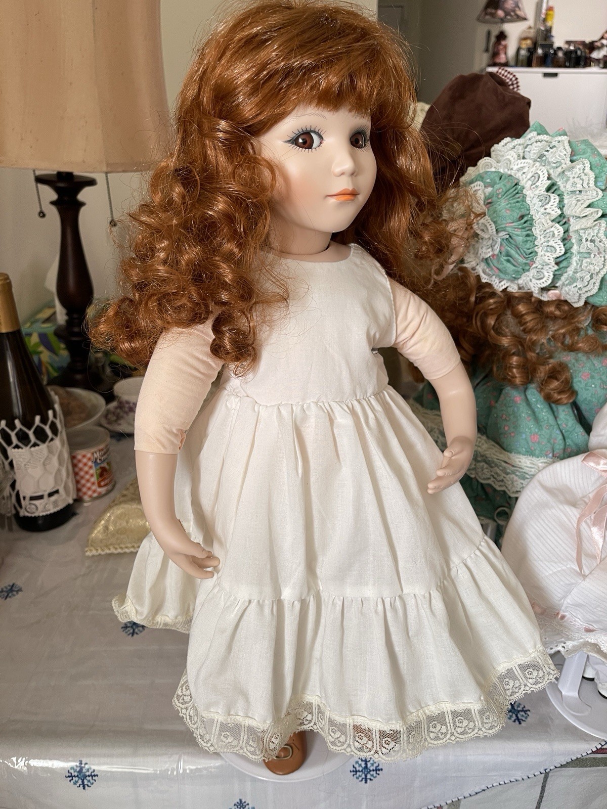 Red Curly Hair White Lace Dress Girl Doll 1989 Hagara