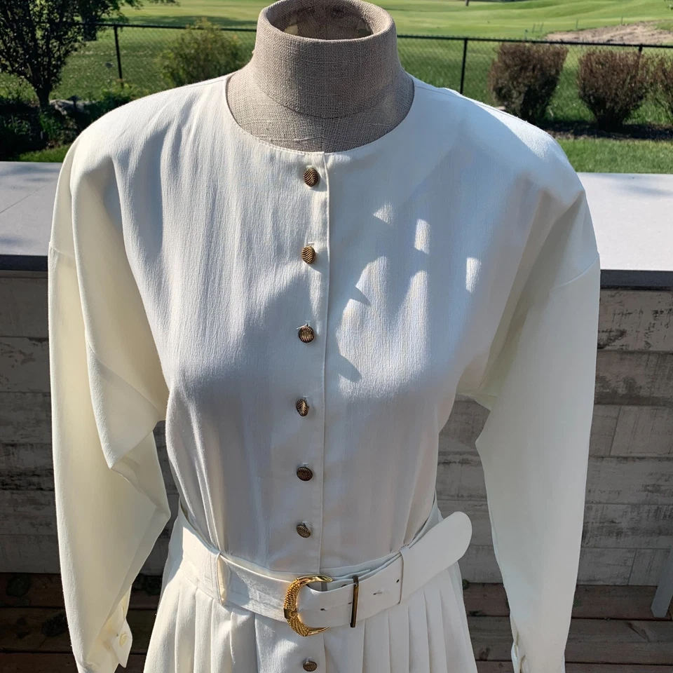 Vintage 80s Button Front Midi Dress 16 Cream Elastic Waist Belt Pleats Pockets - Image 2 of 4