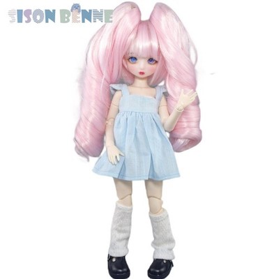 SISON BENNE 30cm BJD Doll with 2-Color Eyes and Elf Ears Pink 2-Ponytails Hair