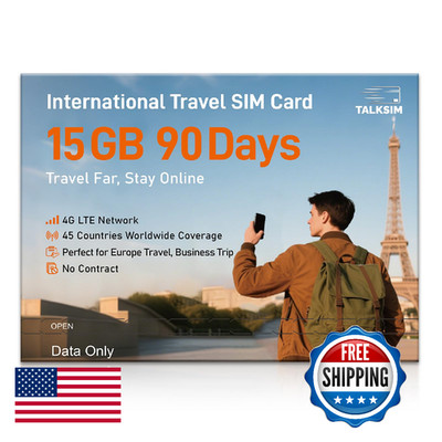 International Data SIM Card 15GB 90 Days, 4G LTE Travel SIM Card Supported 45 Co