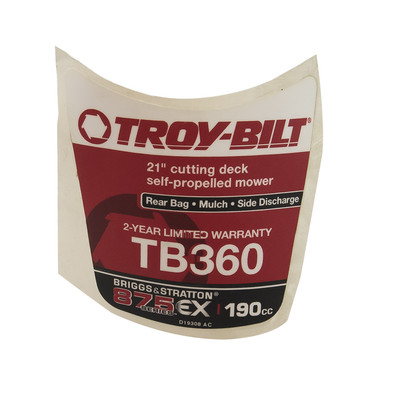 MTD 777D19308 Mower Shroud Label Troy-Bilt TB360 12ABD3BY711 12ABD3BZ711