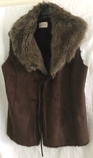 Elvi Ladies Faux Suede Gilet With Faux Fur - Brown Size 2