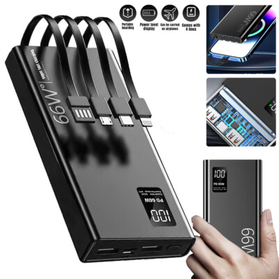 40000mAh 66W Power Bank Fast Charger Portable External Battery Build-in 4 Cable