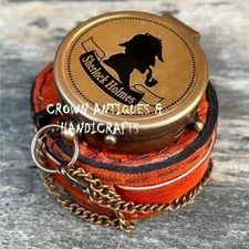 "Vintage Brass Sherlock Holmes Pocket Compass – Antique Flat Compass with Case"