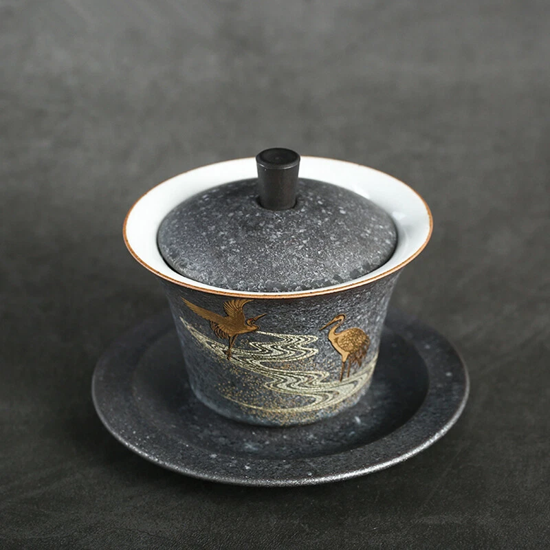 Juego de platillo taza puré relieve grúa hecha a mano porcelana estilo antiguo Gaiwan Foto 4 de 4
