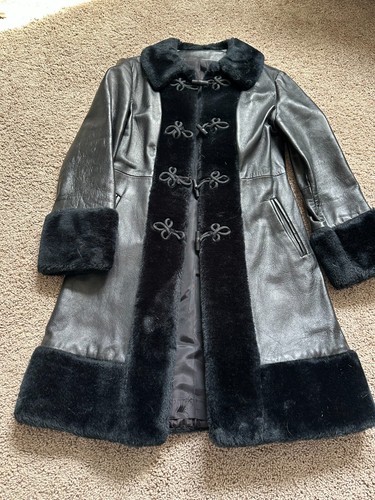Womens Black Leather & Faux Fur Button & Loop Coat - Picture 2 of 12