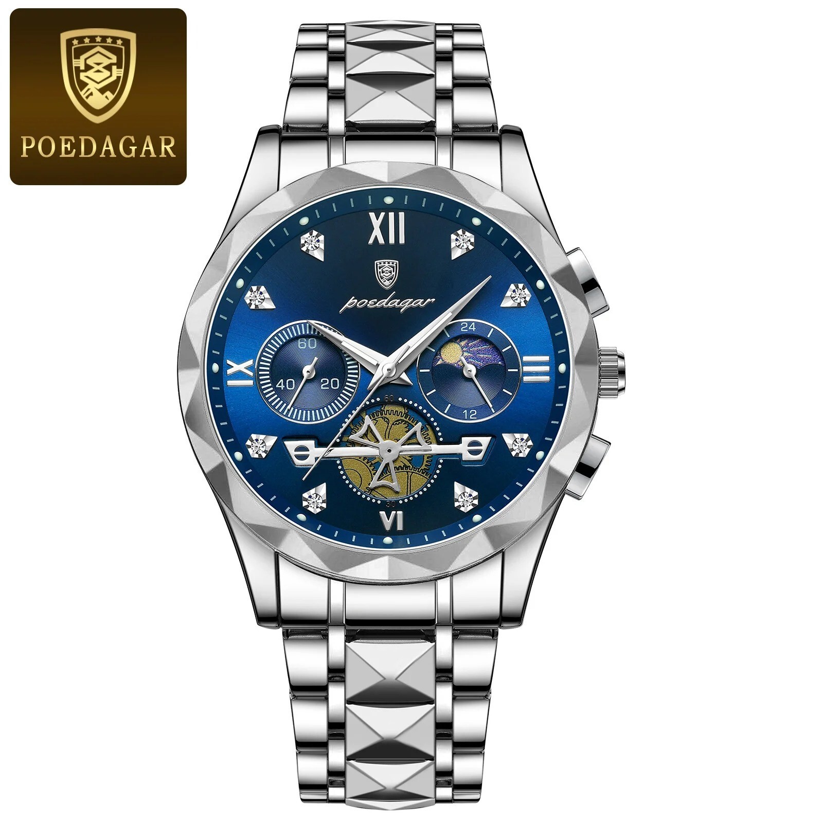 Luxury Blue Silver Waterproof Luminous Stainless Steel POEDAGAR Watch