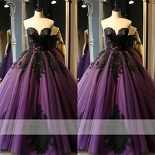 Black Purple Gothic Wedding Dresses Beaded A Line Lace Appliques Bridal Gowns