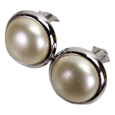 Trifari Clip-On Earrings Silver Tone Metal Faux Pearls 1" Costume Jewelry MCM
