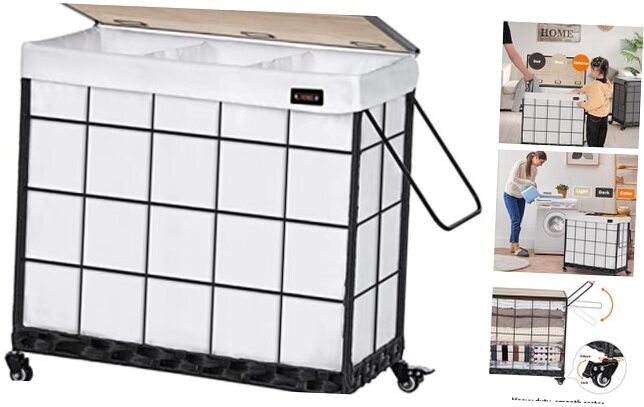 Laundry Hamper with Heavy Duty Caster Wheels; 3 Sections Clothes Hamper with