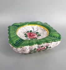 Italian Ashtray Hand Painted Ceramic Square Floral Green Yellow Pink Vintage