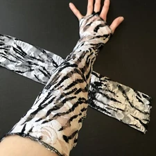 Lace Gloves with Finger Loops Black White Striped Floral Full Length Arm Warmers