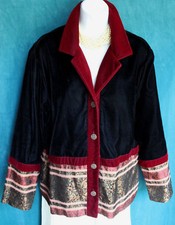 COLDWATER CREEK Black Velvet Jacket Brocade Trim Sz PL Dressy Button Up Blazer