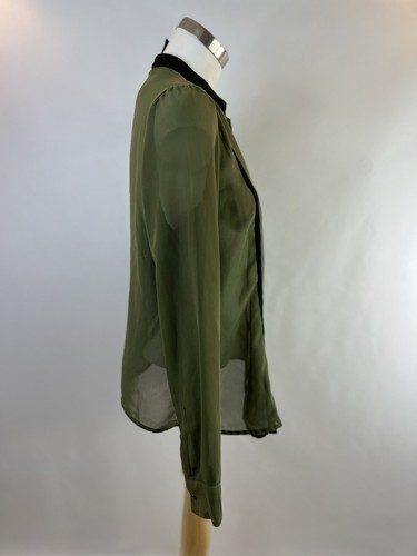 KK Kardashian Kollection Green Black Pin Stripe Sheer Button Blouse Top Large - Picture 5 of 11