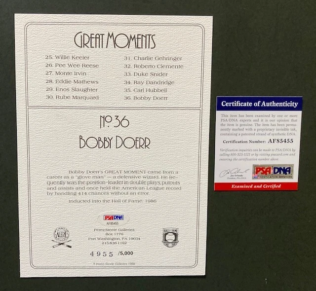 BOBBY DOERR SIGNED PEREZ STEELE POSTCARD WITH COA FROM PSA - Image 2 of 3