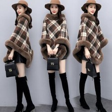 Donna Mantella Pelliccia Finta Bordo Scialle Quadri Pile Foderato Poncho Termico
