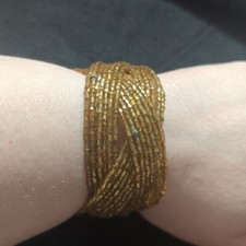 Gold Yellow Tone Beaded Plaited Flex Cuff Statement Bracelet