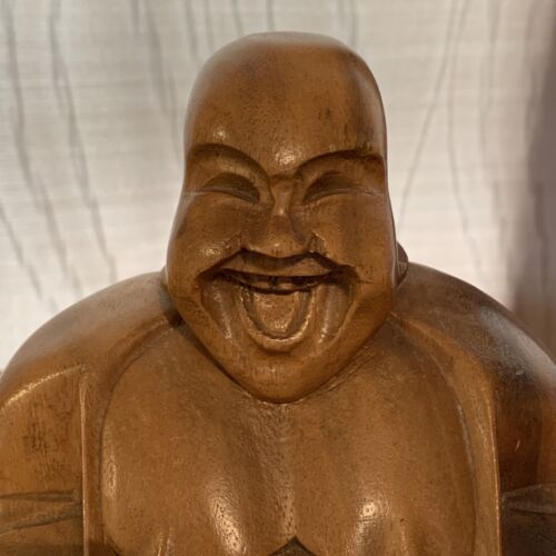 Genuine Monkey Pod Laughing Buddha Hand Crafted in The Philippines 21cm Tall