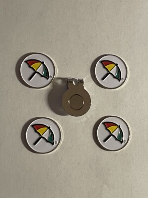 (4) Arnold Palmer Umbrella 1'' Coin Golf Markers W/ Bonus Hat Clip - Quality Made