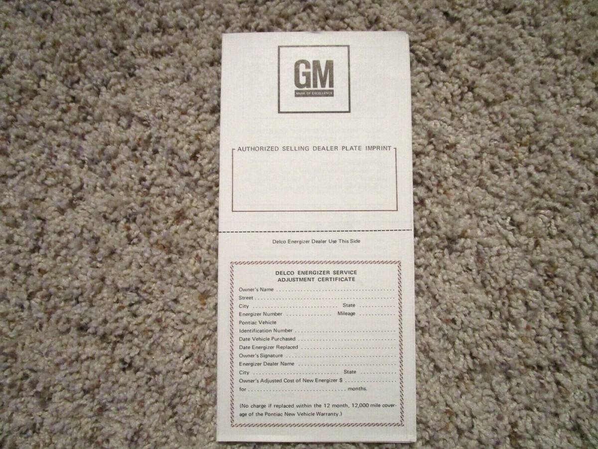 1972 Pontiac Trans Am Factory GM Original Owner Protection Plan