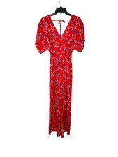 Francesca’s Miami Jumpsuit Sz S Red Floral Open Back Pockets Holiday Vacation