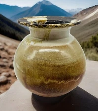 Hand Thrown Clay Art Pottery Drip Glaze Vase Earthtones 7"H x 7.5"W