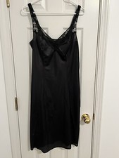 Vintage Maidenform Sissy Nylon Full Slip Nightgown Dress Lace Bodice Black Sz 38