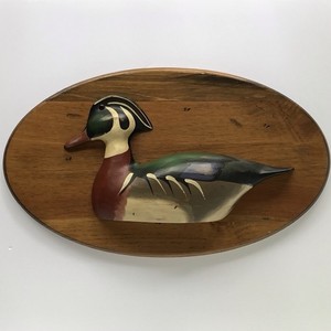 Vintage Carved Painted Wood Duck Decoy Wall Sculpture Mounted on Wood Plaque