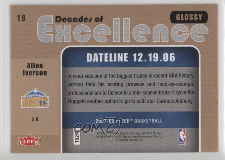 2007-08 Fleer Decades of Excellence Glossy Allen Iverson #18 HOF - Image 2 of 2