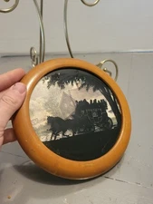 Vintage Reverse Silhouette Painting On Glass  Horse Carriage Cottage Farm Framed