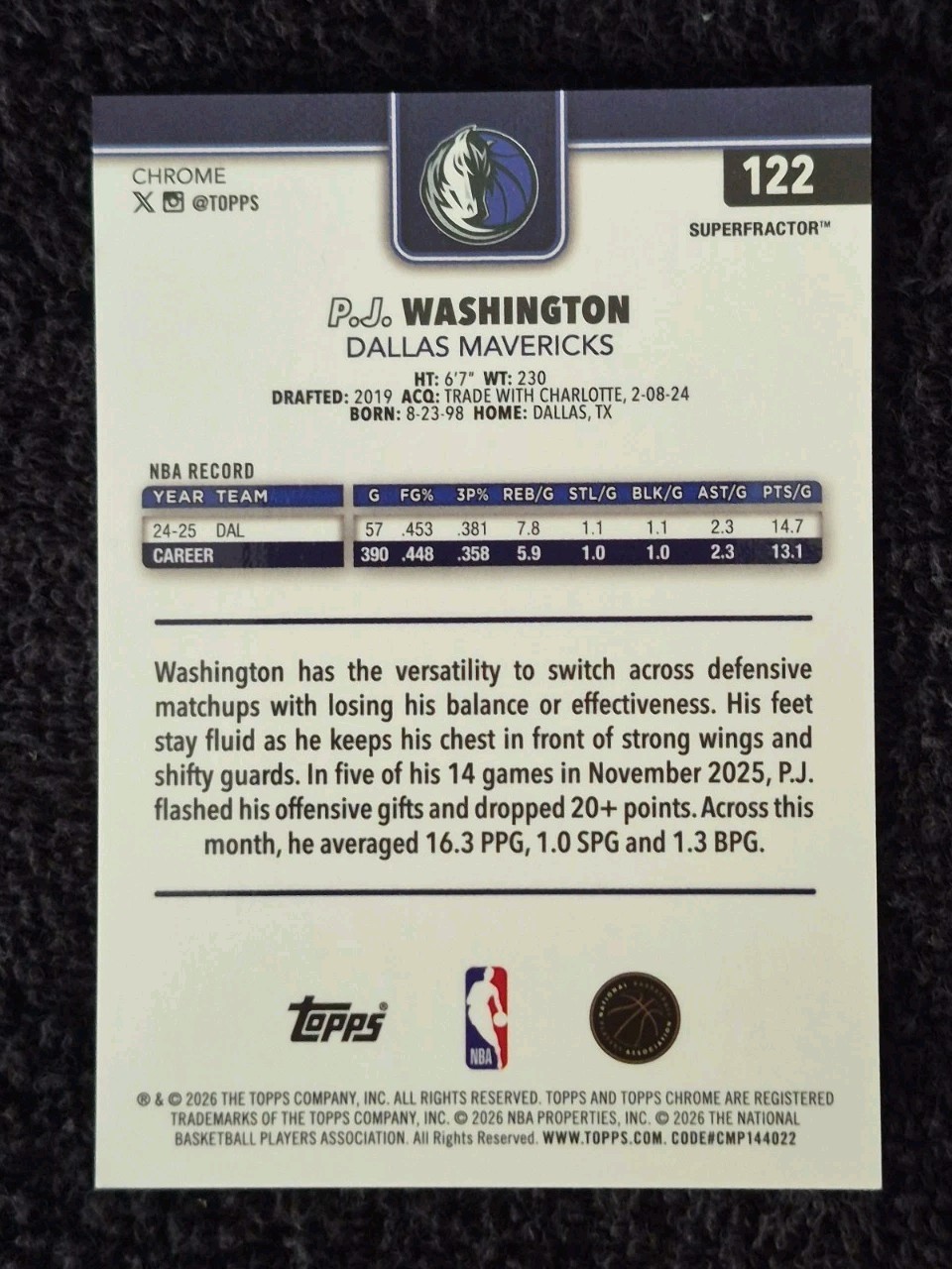 2025-26 Topps Chrome Update- P. J. Washington #122 Superfractor 1/1 Rare!! view 2