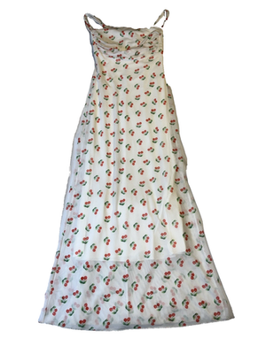 see you monday mesh dress See You Monday White Cherry Maxi Dress XS Y2K Lined Mesh Sheer Strappy  Bodycon